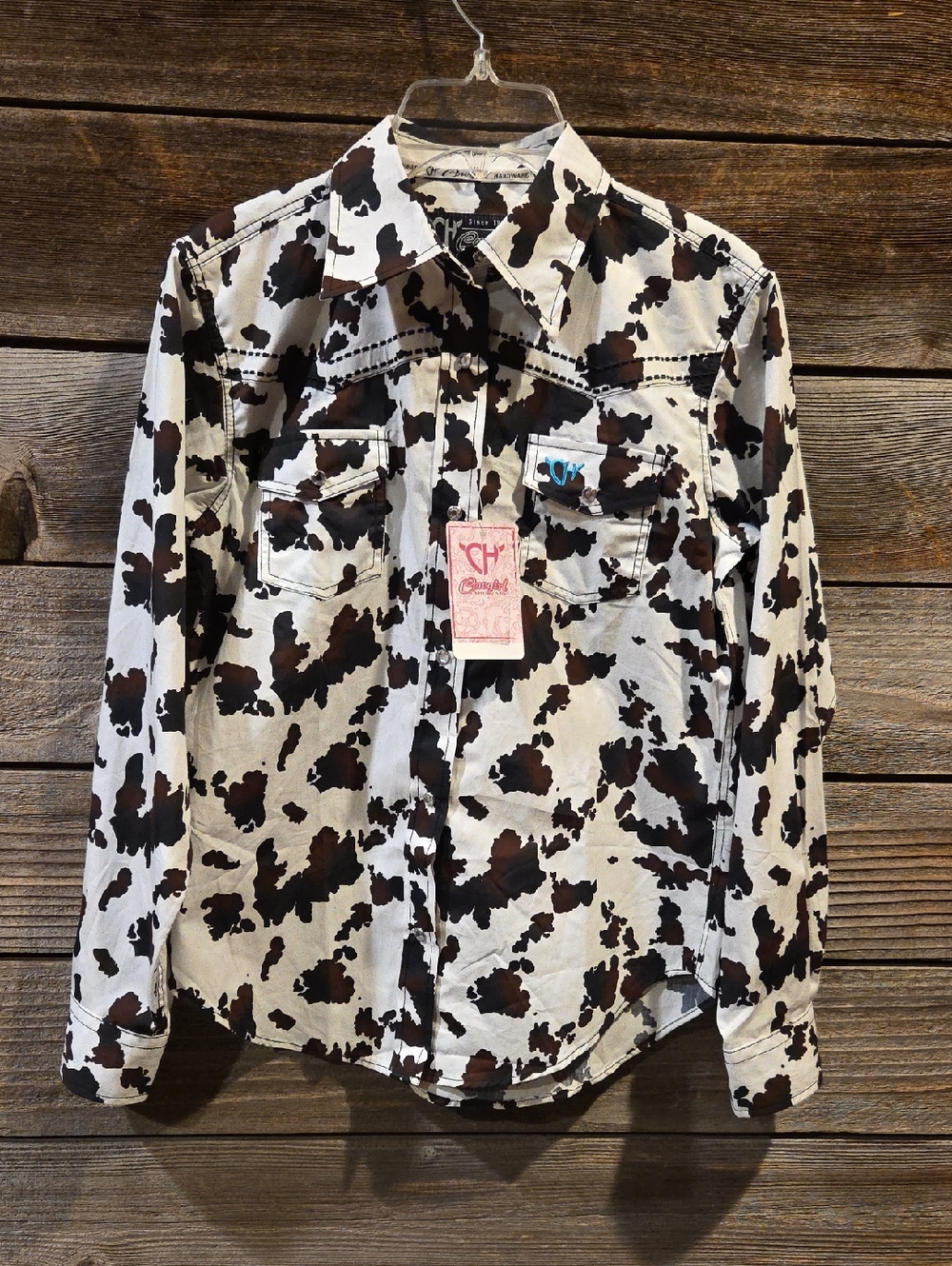 Cowgirl Hardware Girls Western Cow Print Shirt Size L/10 NWT